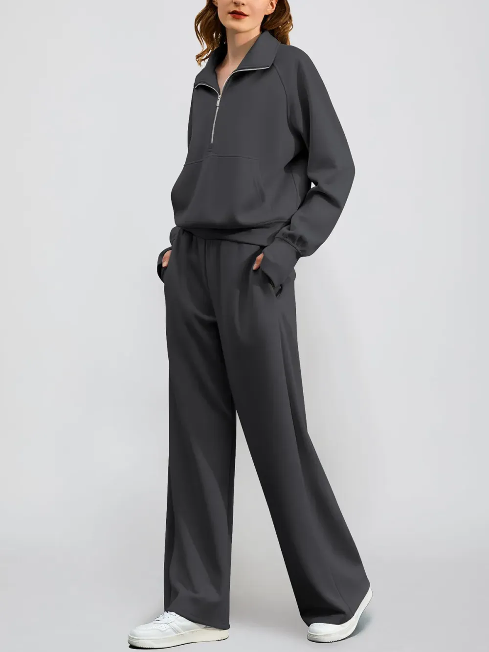 Women's Oversized Half Zip Wide Leg 2 Piece Outfits Lounge Set