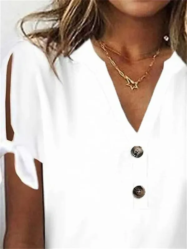 Women's T shirt Tee Modal Plain Casual Daily White Pink Blue Button Cut Out Short Sleeve Fashion Basic V Neck Regular Fit Summer Spring