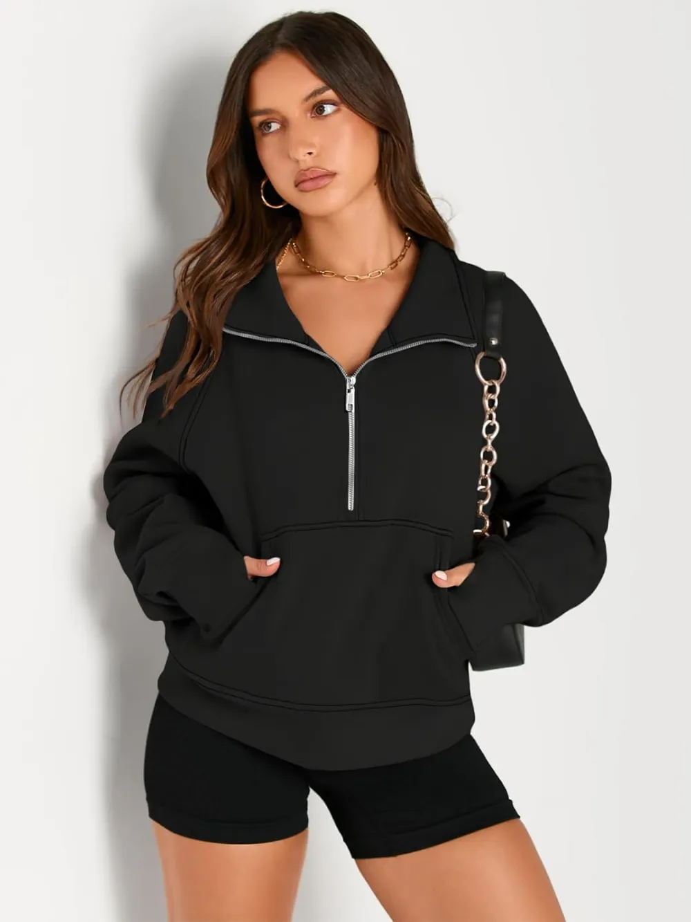Womens Sweatshirts Half Zip Cropped Pullover Fleece Quarter Zipper Hoodies Fall outfits Clothes Thumb Hole