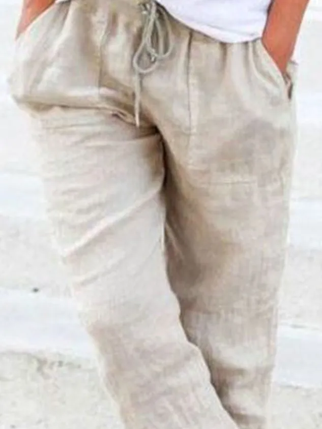 Solid Drawstring Casual Cotton Linen Pant