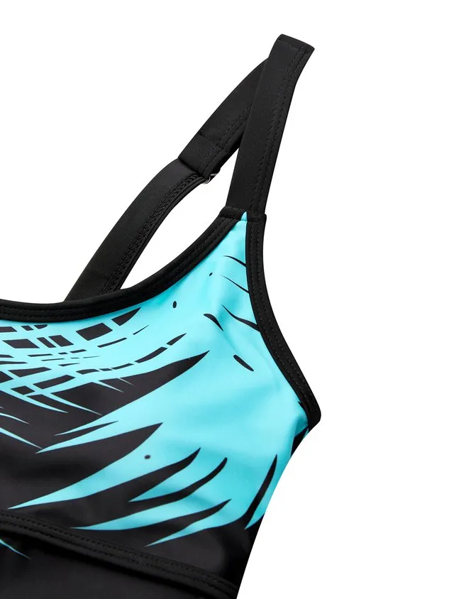 Casual Abstract Printing Scoop Neck Swimdress Two-Piece Set