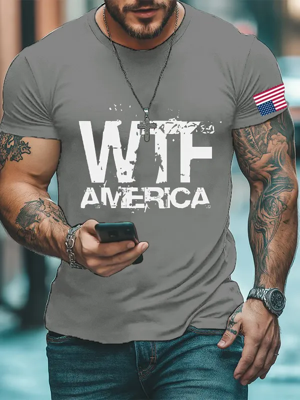 Men'S Retro America WTF Print Casual Round Neck T-Shirt