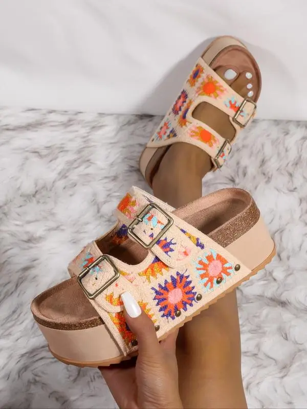 Women's Boho Embroidered Platform Sandals – Slip-On Beach Shoes