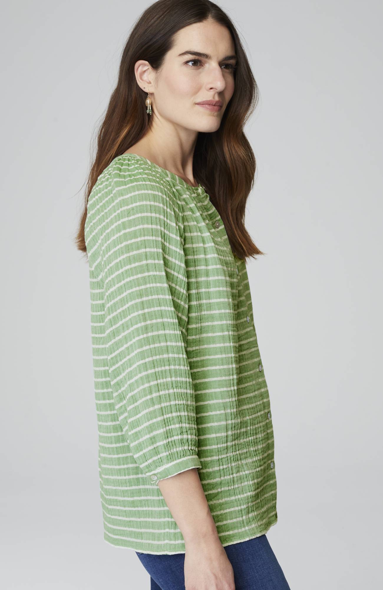 Cotton-Gauze Striped Button-Front Top