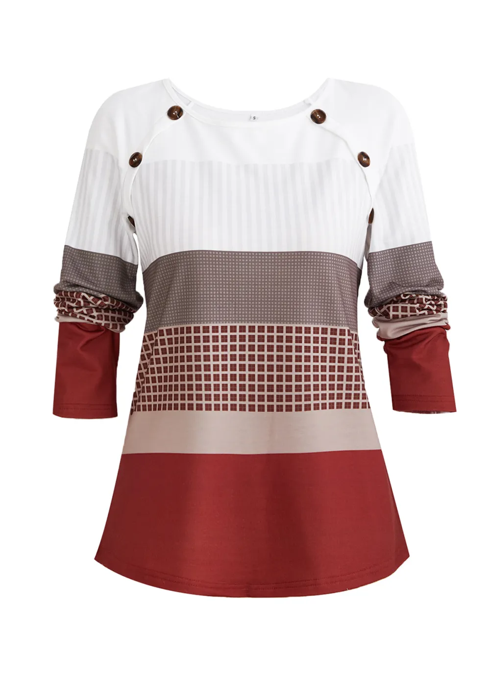 Wine Red Patchwork Geometric Print Long Sleeve Sweatshirt
