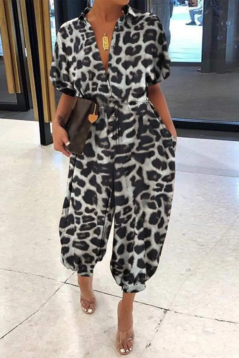 Plus Size Casual Vintage Leopard Frenulum Printing Loose Jumpsuits