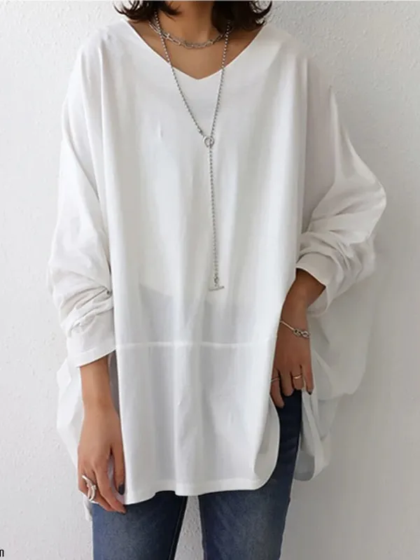 Simple Oversize Solid Color V-Neck Batwing Sleeve T-Shirts