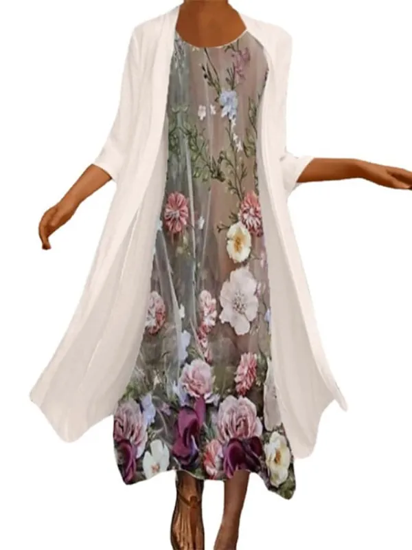 Women's Dress Set Two Piece Dress Chiffon Dress Midi Dress Beige 3/4 Length Sleeve Floral Chiffon Fall Winter Autumn Crew Neck Stylish Loose Fit 2023 M L XL XXL 3XL 4XL 5XL