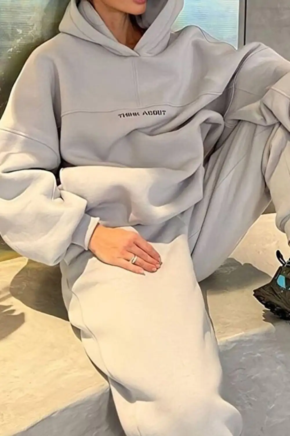 Letter Graphic Drawstring Hoodie Long Pants Suits