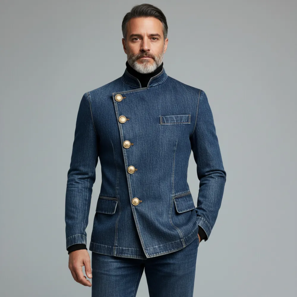 Men's Blue Stand Collar Asymmetrical Button Long Sleeve Denim Jacket
