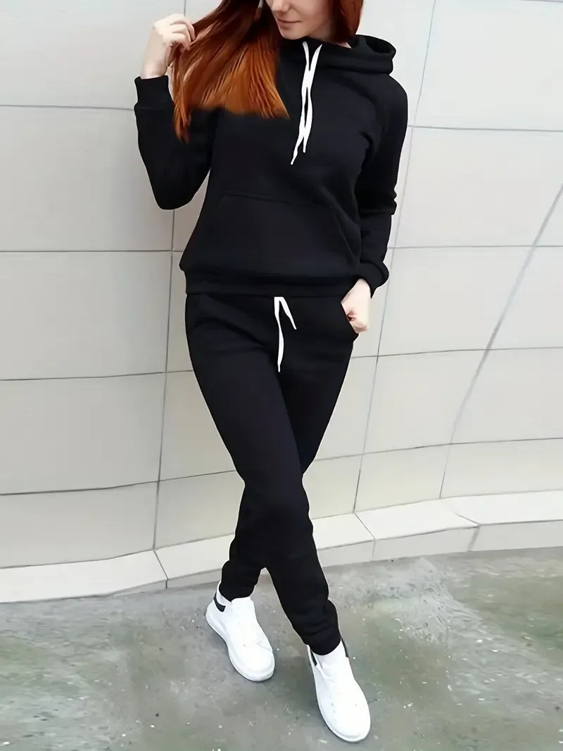 Trendy Solid Womens Two-Piece Set - Comfy Hoodie with Kangaroo Pockets & Drawstring Pants Outfit - Casual, Stylish, Versatile Wardrobe Essential