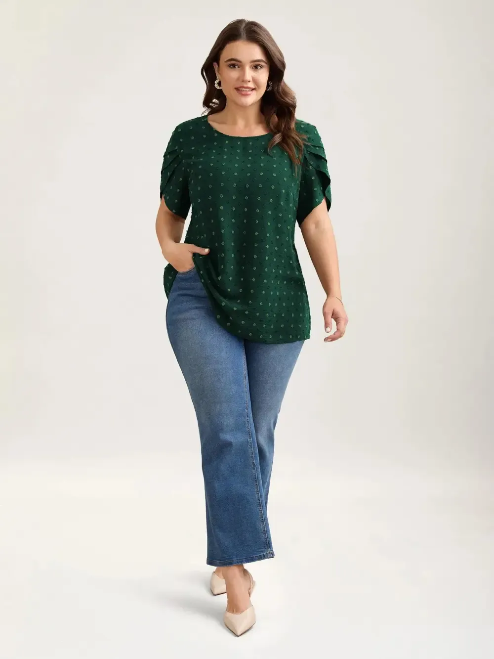 Textured Color Contrast Petal Sleeve Blouse