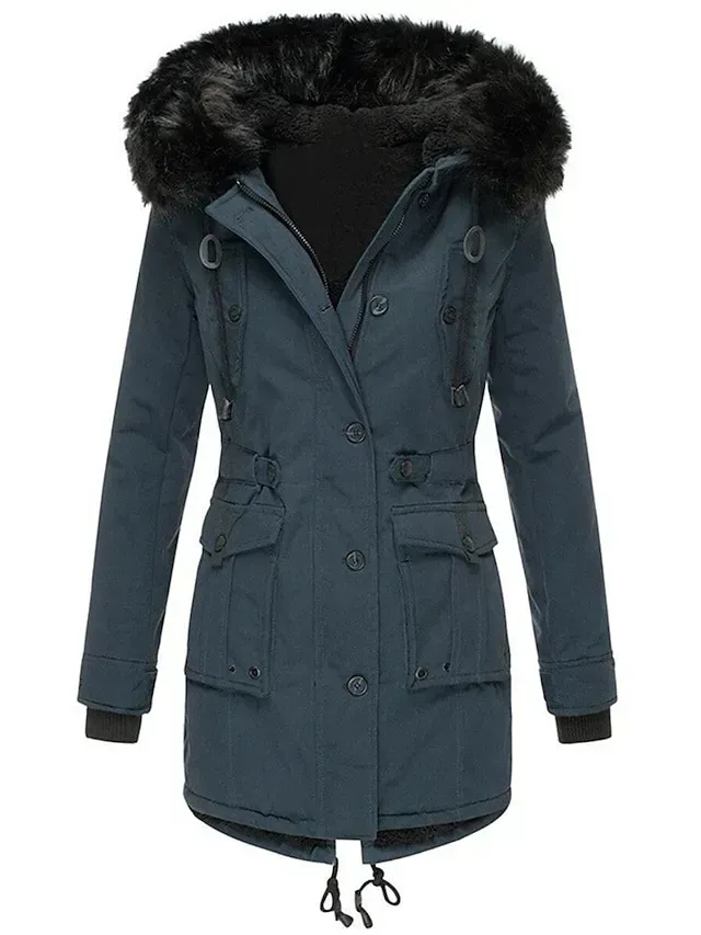 Women's Parka Winter Coat Mid-Length Puffer Jacket with Fur Collar Thermal Warm Heated Jacket Fleece Lined with Pockets Zip up Drwastring Hooded Outerwear Long Sleeve Fall Light Yellow Light Pink