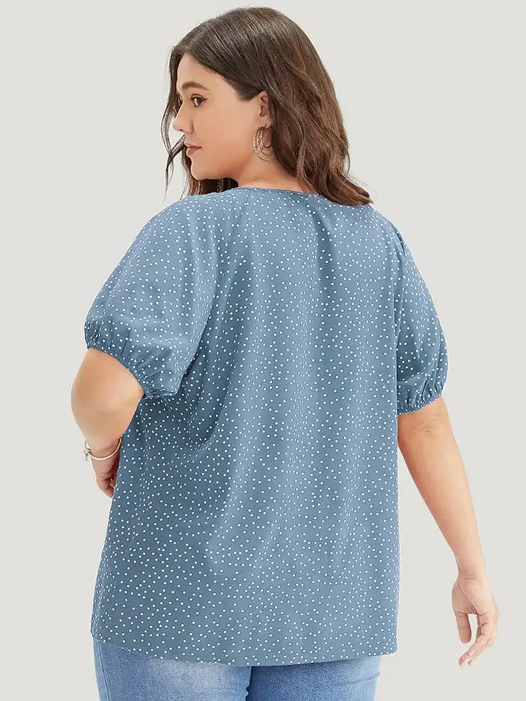 Polka Dot Pleated Round Neck Puff Sleeve Blouse