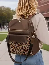 Women's leopard print fabric patchwork backpack, can be carried on one shoulder, with multiple zippers, perfect for school, travel and casual outings