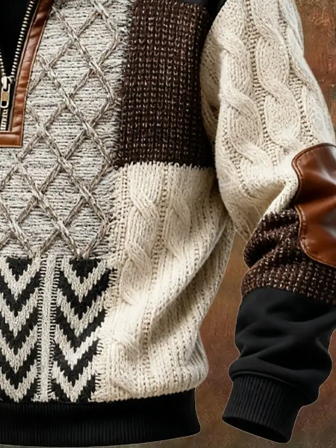 Men's Retro Color Block Print Casual Fur Collar Sweatshirt