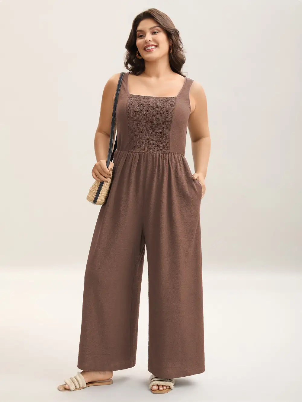 Shirred Pockets Wide-Leg Plain Jumpsuit