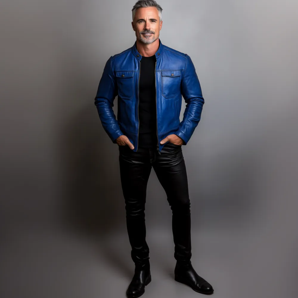 Men's Stand Collar Long Sleeve Zipper Chest Pocket PU Leather Jacket