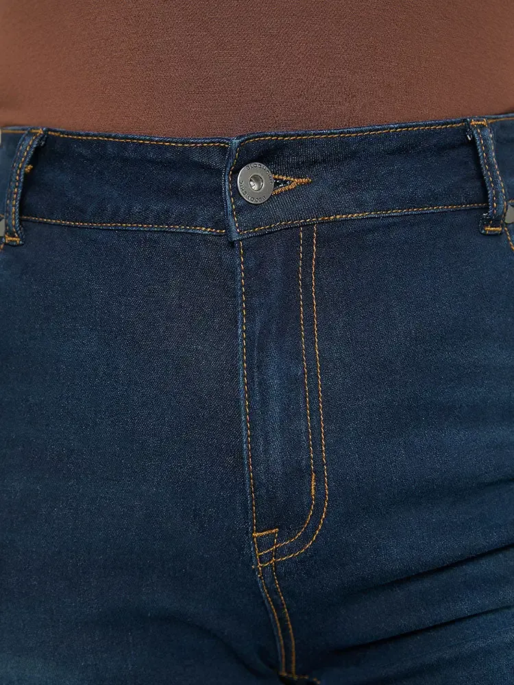 Skinny Very Stretchy Dark Wash Split Knee Denim Shorts