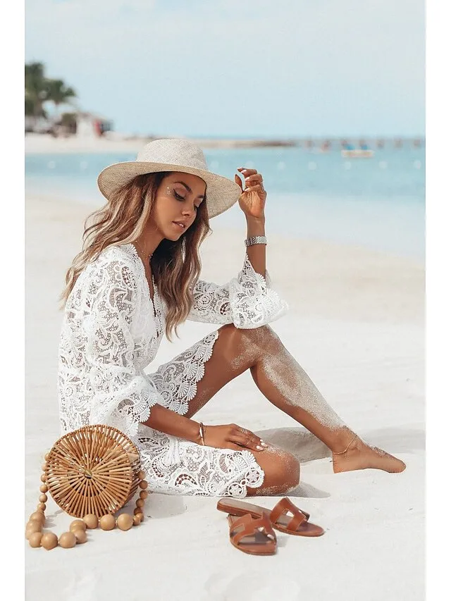 Women's Swimwear Cover Up Beach Top Normal Swimsuit UV Protection Lace Crochet Solid Color White Bathing Suits Modern Vacationy / Sweet / New / Padless