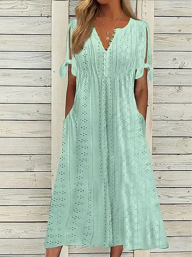 Plain Lace Ruched V Neck Midi Dress