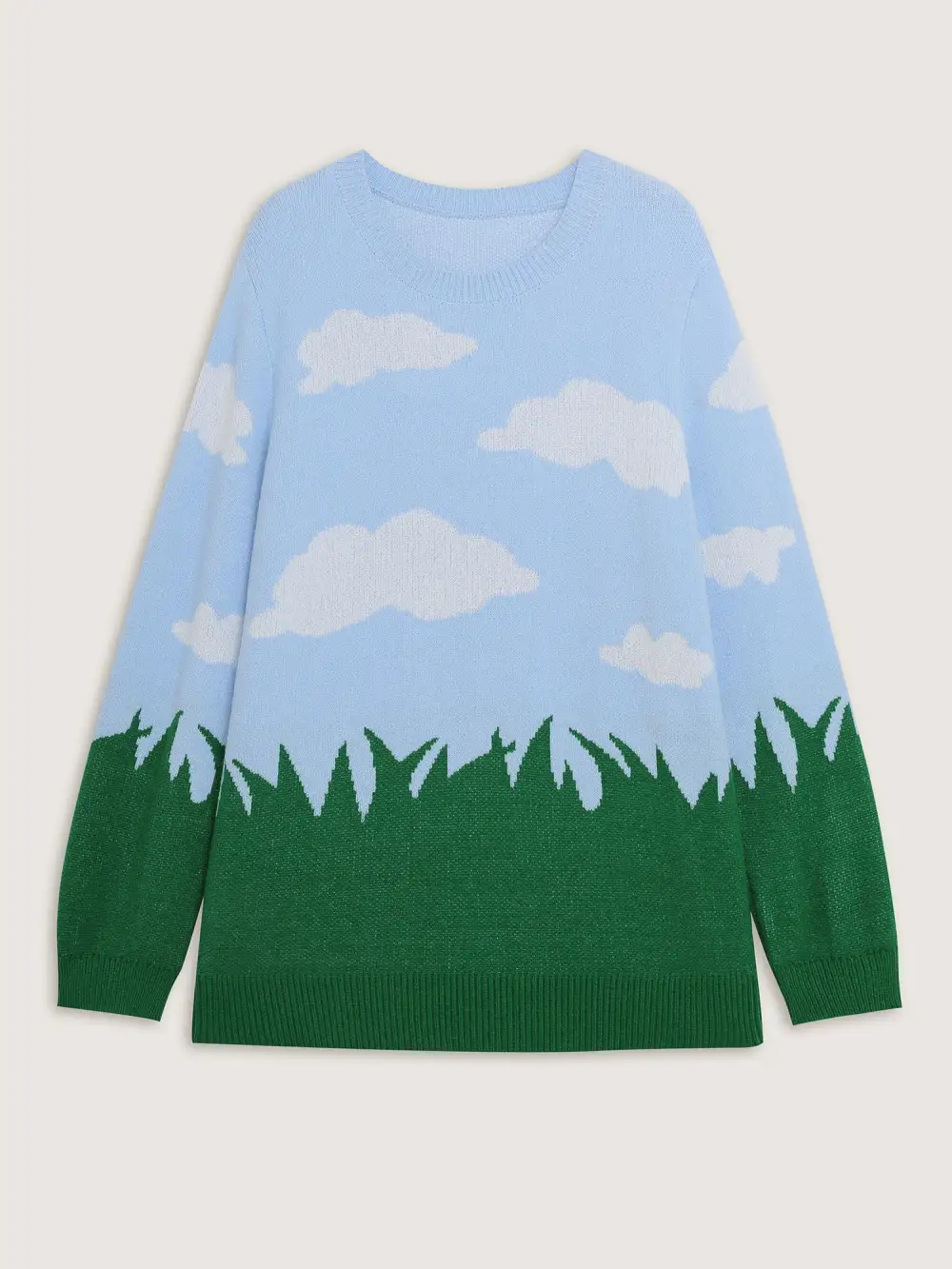 Cloudy Grass Print Jacquard Balloon Sleeve Pullover