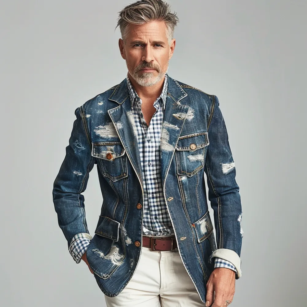 Men's Vintage Ripped Denim Single Breasted Jackets