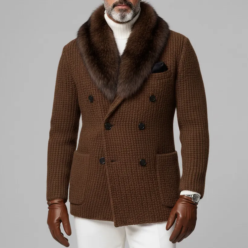 Men's Brown Furry Collar Double Breasted Long Sleeve Patch Pocket Knit Sweater Coat