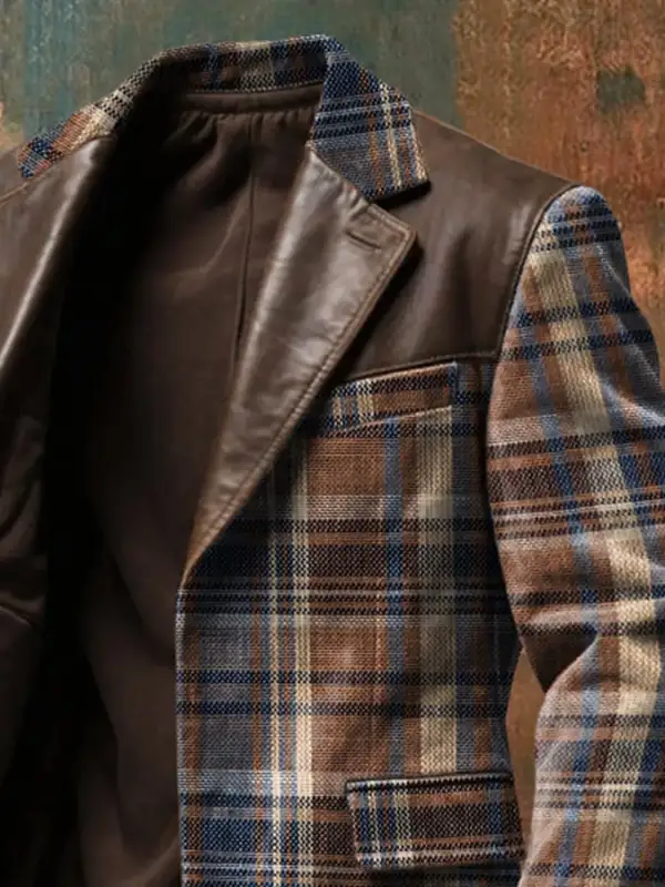 Men's Vintage Plaid Panel Leather Blazer
