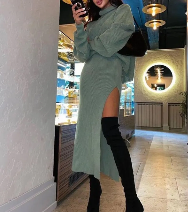 Turtleneck Casual Slit Sexy Skirt Two Pieces