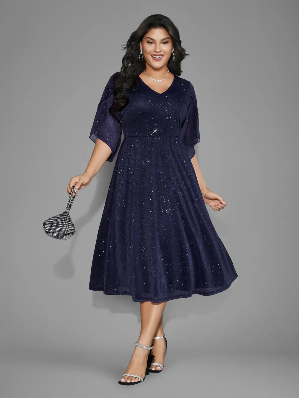 Glitter Mesh Petal Sleeve Midi Dress