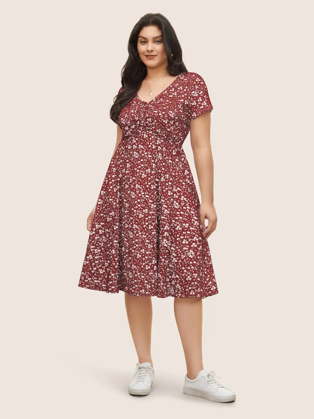 Ditsy Floral Elastic Waist Knot Drawstring Dress