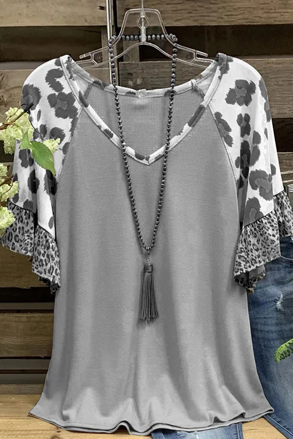 Leopard Print Ruffled Sleeve V-Neck T-Shirt