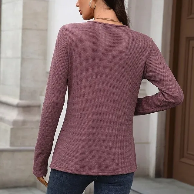 Women's Texture Blouse T Shirt Plain Casual Long Sleeve V Neck Regular Tops Daily Going out Buttons Black Dusty Blue Fuchsia Brown Beige Fall
