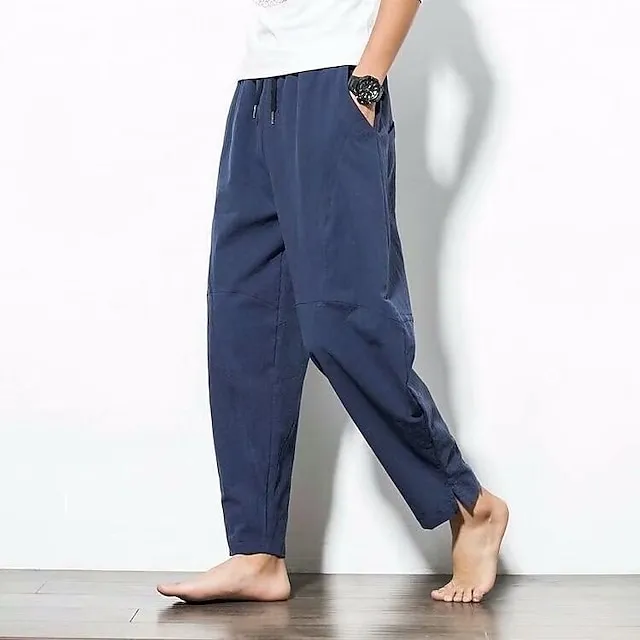 Men's Linen Pants Trousers Summer Pants Bloomers Beach Pants Pocket Drawstring Elastic Waist Plain Lightweight Ankle-Length Daily Yoga Fashion Casual Loose Fit Black White
