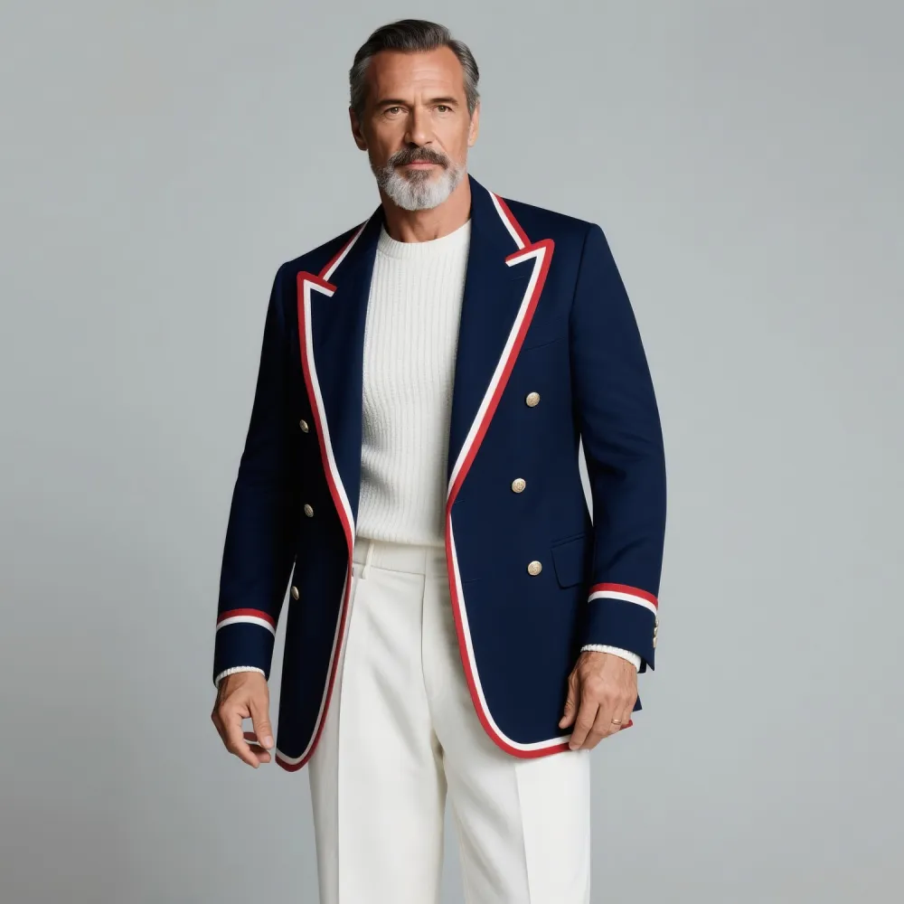 Men's Retro Peak Lapel Long Sleeve Double Breasted Contrast Striped Blazer