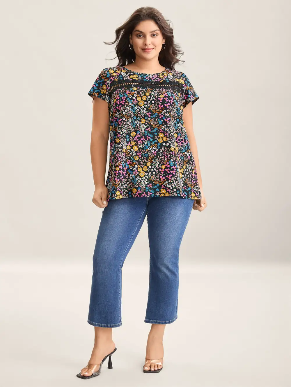 Multi-Color Floral Print Lace Spliced Blouse