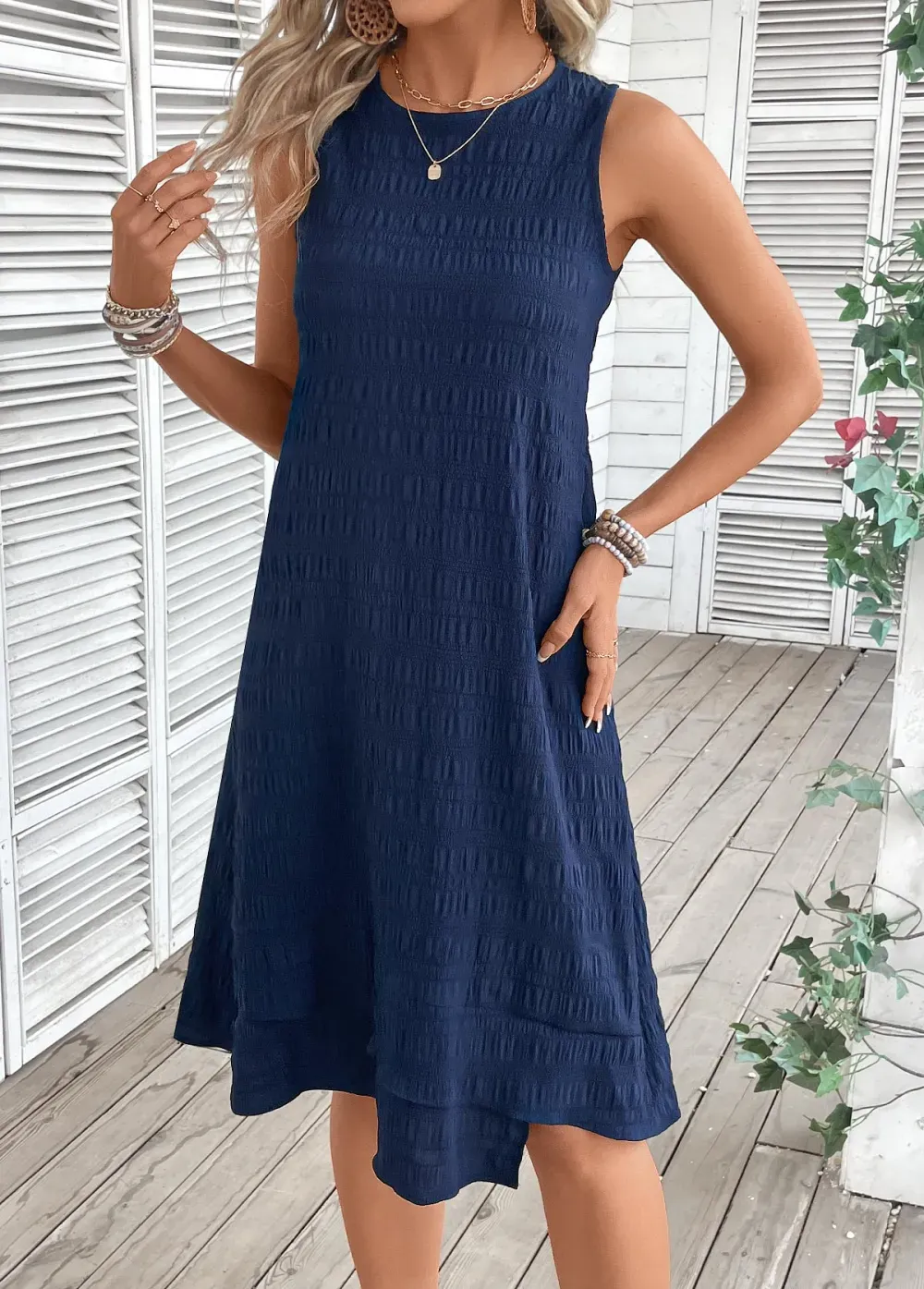 Navy A Line Sleeveless Round Neck Dress