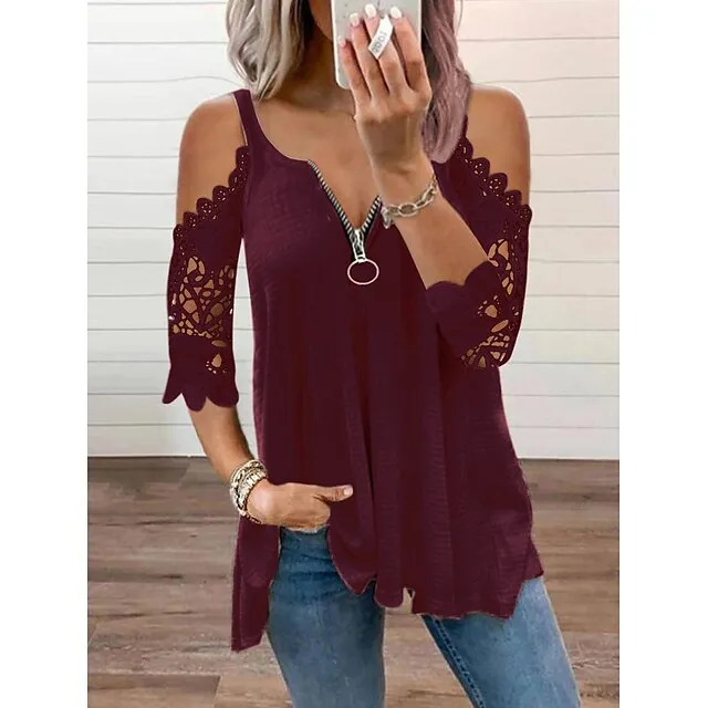 Blouse Women's Black White Solid Color Lace Lace Zipper Home Daily Basic S