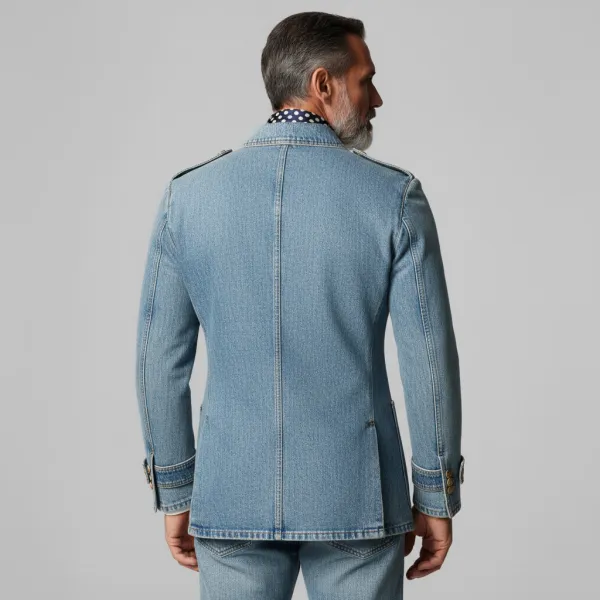 Men's Light Blue Denim Peak Lapel Double Breasted Patch Pockets Long Sleeve Blazer