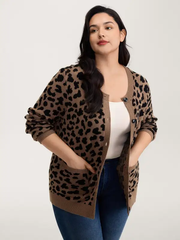 Supersoft Leopard Print Pockets Contrast Knit Cardigan