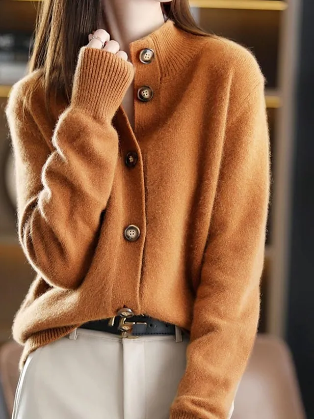 Women's Cardigan Sweater Stand Collar Knit Button Knitted Fall Winter Outdoor Home Daily Stylish Basic Casual Long Sleeve Pure Color Camel Brown