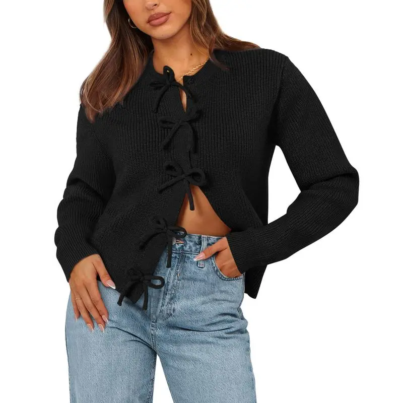 Cardigan Sweaters for Women Trendy 2025 Fall Open Front Long Sleeve Button Down Bow Knot Cropped Lady Jacket