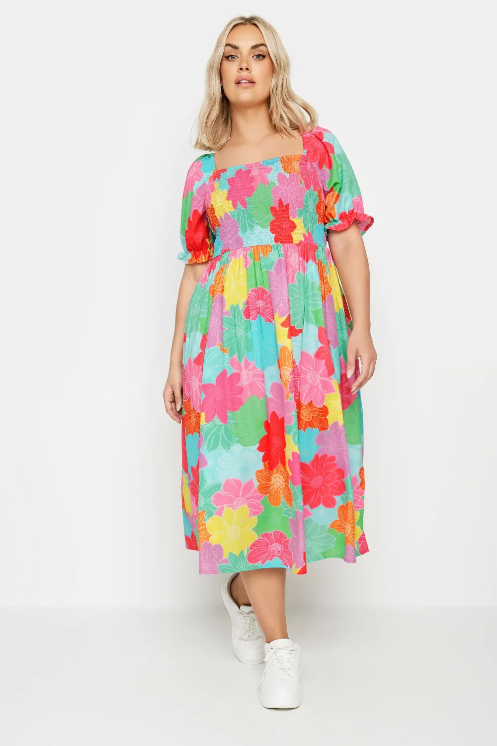 YOURS Curve Blue Floral Print Shirred Midaxi Dress