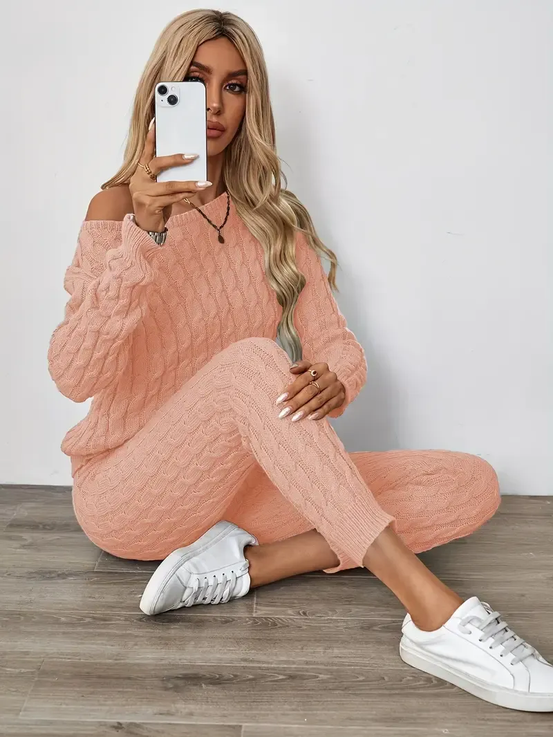Solid Knitted Matching Two-piece Set, Casual Long Sleeve Sweater & Pants Outfits, Women's Clothing