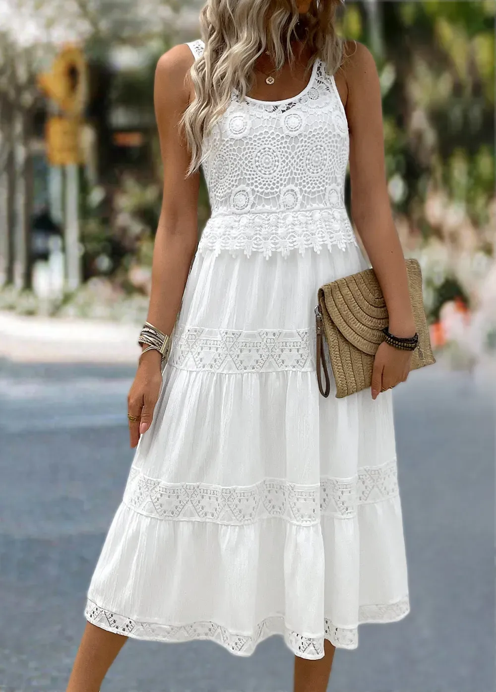 White Patchwork Round Neck Sleeveless Dress