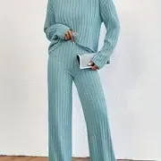 Two-Piece Outfit Set - Soft Solid Ribbed Fabric, Flattering Mock Neck T-shirt, Flowy Wide Leg Pants for Casual Everyday Wear