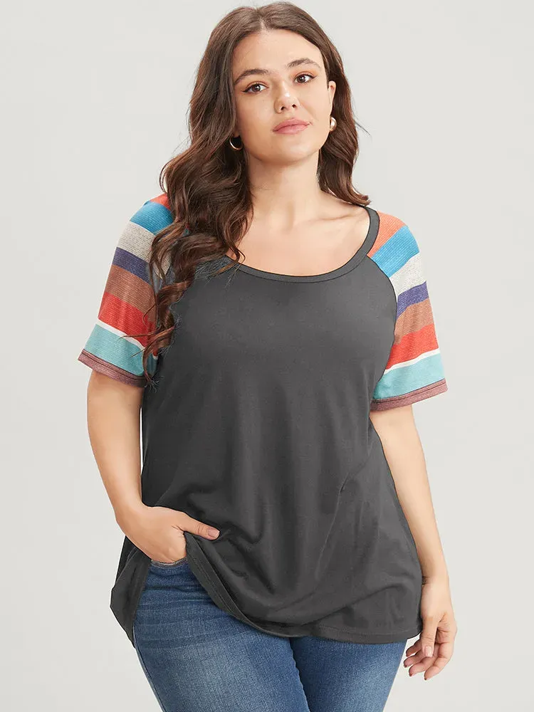 Striped Contrast Raglan Sleeve Round Neck T-shirt