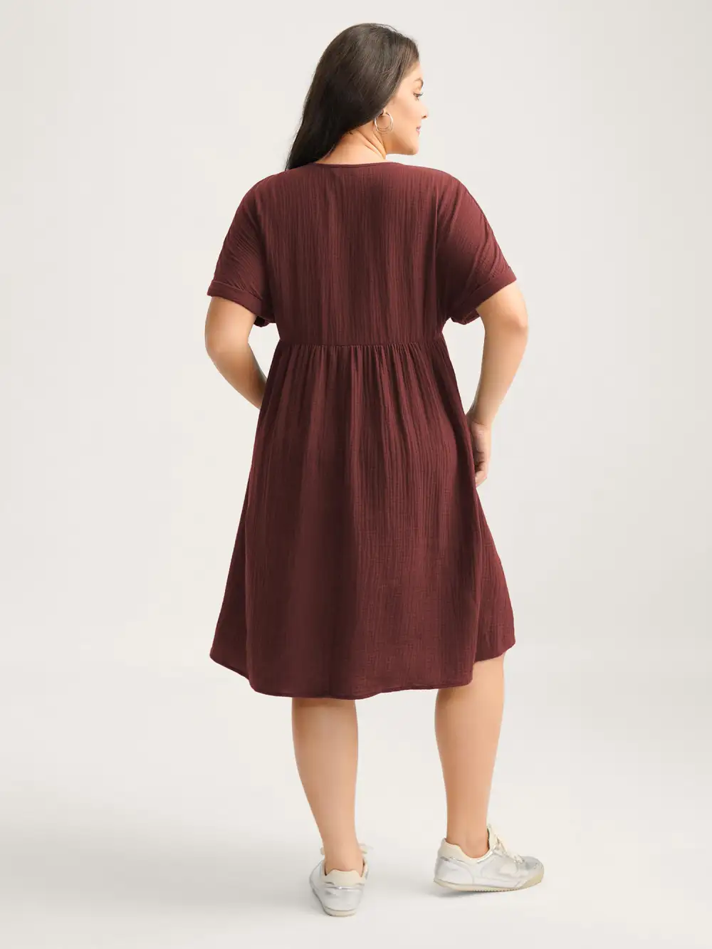 Pure Cotton Lace V-Neck Solid Midi Dress