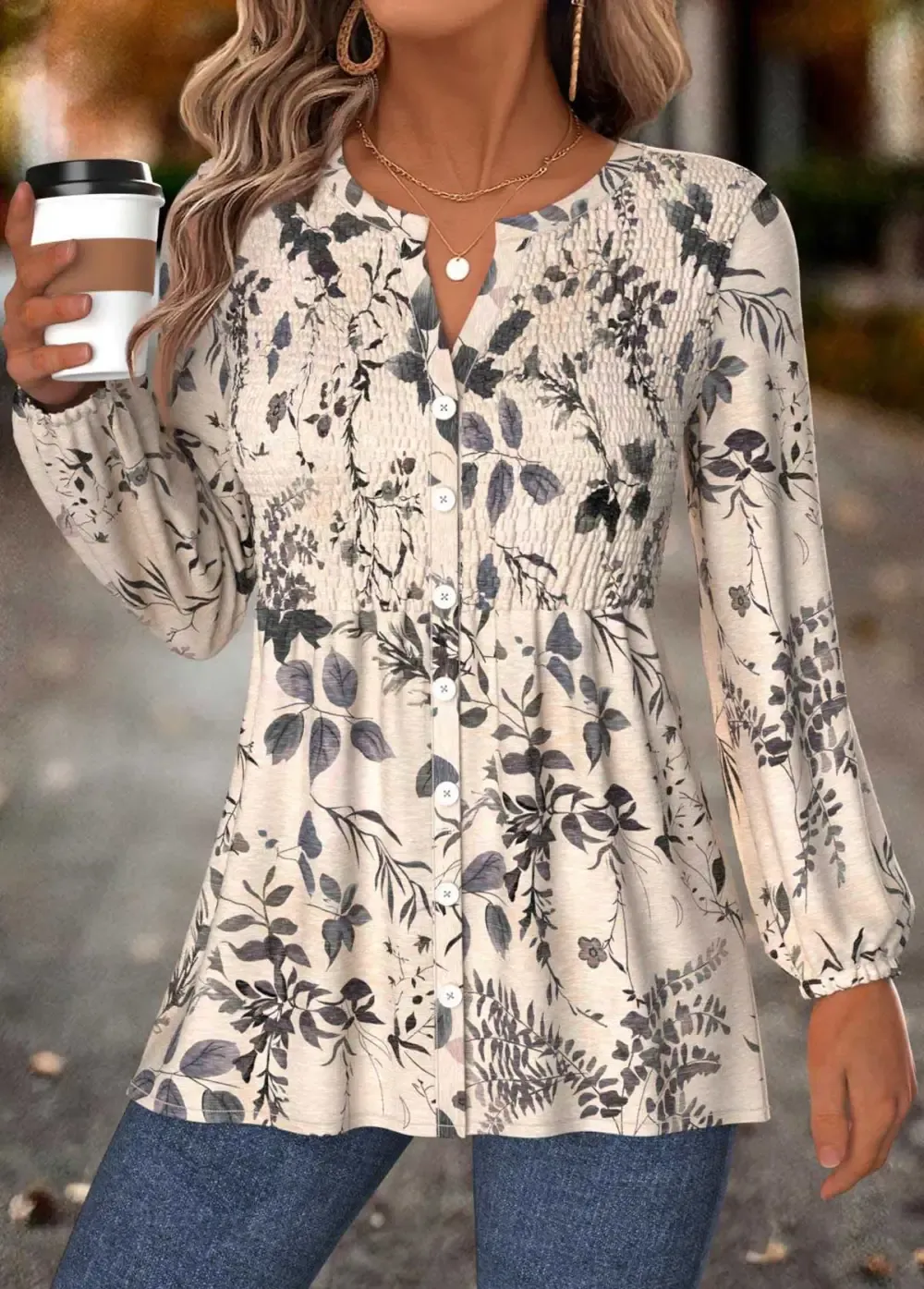 Beige Peplum Leaf Print Long Sleeve Split Neck Blouse